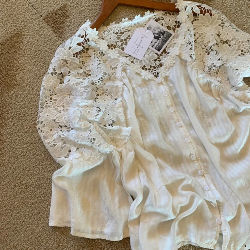 New White Cotton Lace 3/4 Sleeve Button Front Floral Romantic Blouse Top Boho - Picture 5 of 7